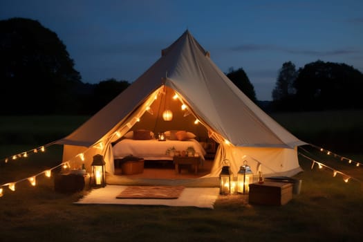 light nobody glamour design forest travel glamping nature vacation lounge summer house tent beautiful home camping canvas green bed luxury. Generative AI.