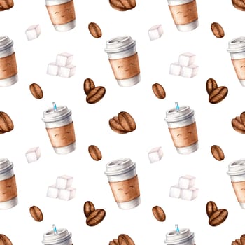 Seamless pattern watercolor hand painted illustration of coffee cup to go. Watercolour coffee beans, sugar cubes isolated on white background. Drink background for menu design and fabric textile