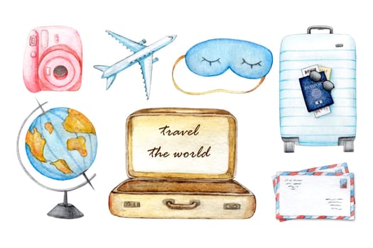 Travel set of icons with airplane, the globe, suitcase, sleep mask, camera, vacation and recreation. Watercolor hand draw illustration for Tourism day on white isolated background. Instagram icons