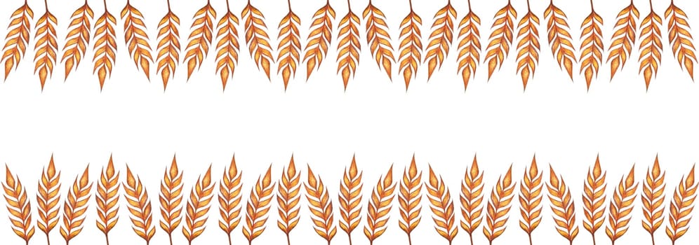 Watercolor banner wallpaper ears of wheat frame border illustration isolated on white background. Template for decorating designs and illustrations.