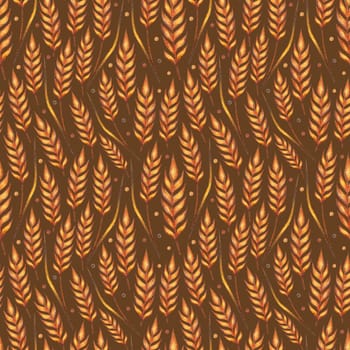 Ear of wheat watercolor seamless pattern. Hand drawn sketched illustration. Concept for agriculture, organic cereal products, harvesting grain, bakery, healthy food.