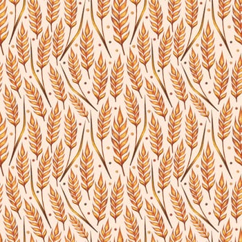 Ear of wheat watercolor seamless pattern. Hand drawn sketched illustration. Concept for agriculture, organic cereal products, harvesting grain, bakery, healthy food.