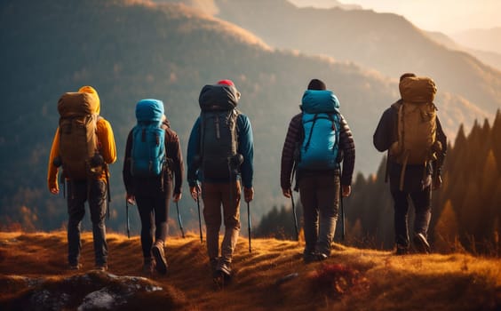 man tourism silhouette sunrise trekker sun activity outdoor trekking hiker travel tourist nature lifestyle team walking hiking group mountain backpacking journey. Generative AI.