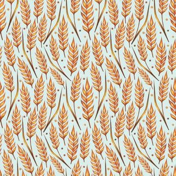 Ear of wheat watercolor seamless pattern. Hand drawn sketched illustration. Concept for agriculture, organic cereal products, harvesting grain, bakery, healthy food.