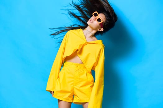 woman hair person lifestyle young expression long yellow sunglasses attractive cheerful lady outfit joy lovely fashion fun trendy model girl blue: beautiful creative