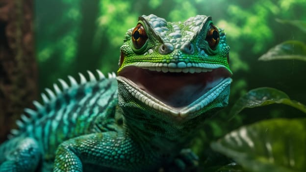 zoo outdoor isolated nature iguana animal portrait glasses close-up wildlife exotic closeup green lizard reptile background iguana green tail scale colorful. Generative AI.