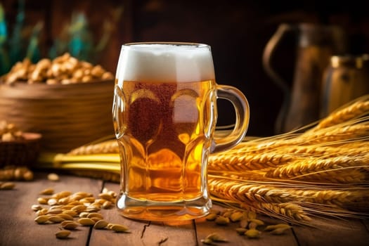 pint cold liquid pub alcohol lager gold beverage brown closeup glass object mug beer booze drink foam hop drop brewed. Generative AI.
