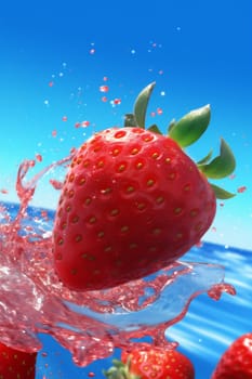 blue fresh strawberry food freshness tasty sweet beautiful water clean ripe vegetarian healthy background delicious fruit splashing blue red vitamin splash. Generative AI.