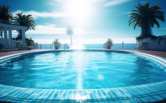 sun lifestyle residential water pool palm travel clean home blue architecture swim relaxation deck swimming house outside luxury large summer. Generative AI.
