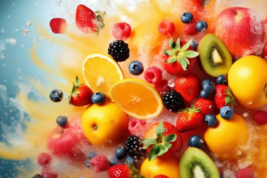 ice background apple strawberry fresh red grape juicy fruit berry juice bright natural diet orange raw vegetable food hookah group smoke. Generative AI.