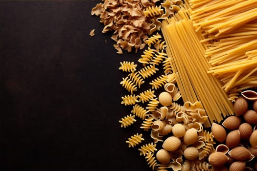 healthy tagliatelle space ingredient macaroni noodle lunch basil copy background italian wooden pasta dry raw spaghetti penne texture food uncooked italy cooking. Generative AI.