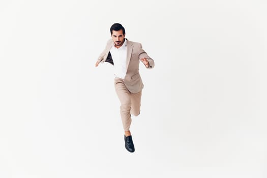 man up suit smiling model standing work running winner shirt business businessman attractive victory beige success idea happy person background beard