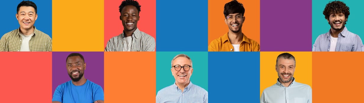 Positive young and adult different men on colorful studio background with blank space for promo, panorama, collage. Male emotions, lifestyle and conference, avatar, ad and offer