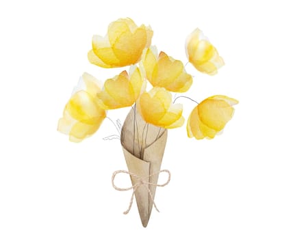 Watercolor spring summer flowers blossom. Tender yellow floral bouquet with rustic paper decoration for postcard design