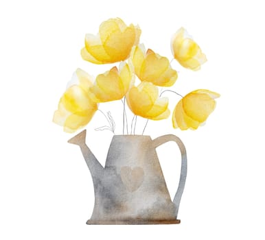 Watercolor spring summer flowers blossom in rustic garden water can. Tender yellow floral bouquet for decoration and postcard design