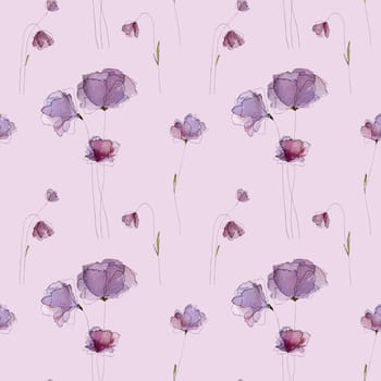 Watercolor spring summer flowers blossom on purple background seamless pattern Tender violet floral bouquet for decoration and postcard design