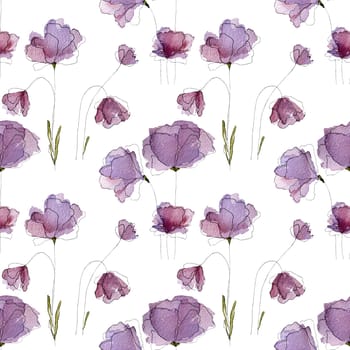 Watercolor spring summer flowers blossom on purple background seamless pattern Tender violet floral bouquet for decoration and postcard design