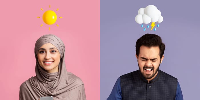 Muslim man and woman expressing positive and negative emotions over colorful backgrounds, creative collage of islamic lady with sun emoji above head and stressed arab with rainy cloud icon, panorama