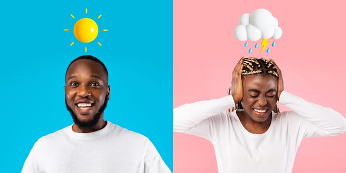 Mood Switch. Happy Black Man And Stressed Woman Standing Over Colorful Backgrounds, Creative Collage Of Male And Female With Weather Emojis Above Head Suffering Different Emotions, Panorama