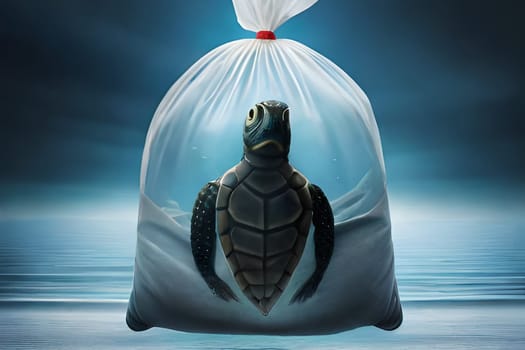 A turtle in a plastic bag. Let's save the ocean. Plastic pollution in ocean , plastic bags in the depths of the ocean . High quality photo