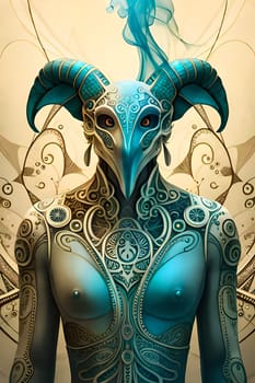 A painting of a man with a blue mask and horns. Digital painting illustration