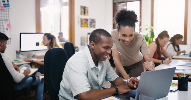 Developer, colleagues discussing and laptop at desk in office at their coworking space. Teamwork, collaboration and communication and coworkers work together with problem solving on project.