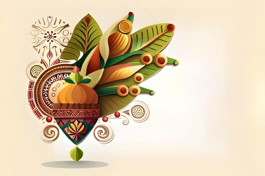 Happy ugadi greeting card background with kalash. Happy Ugadi holiday composition - Hindu New Year festival. Decorated Kalash with coconut, flowers, mango leaves and diya.