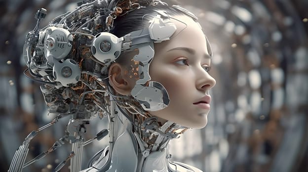Human-like robot head on a technological background. The concept of artificial intelligence. Neural networks
