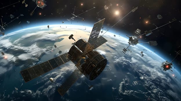 Constellation of satellites near the Earth. A lot of satellites, space. Communication Concept