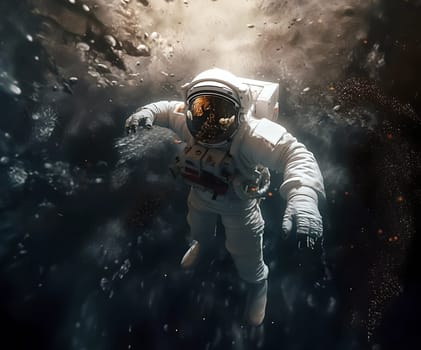 Astronaut in a spacesuit in zero gravity in outer space against the background of the galaxy