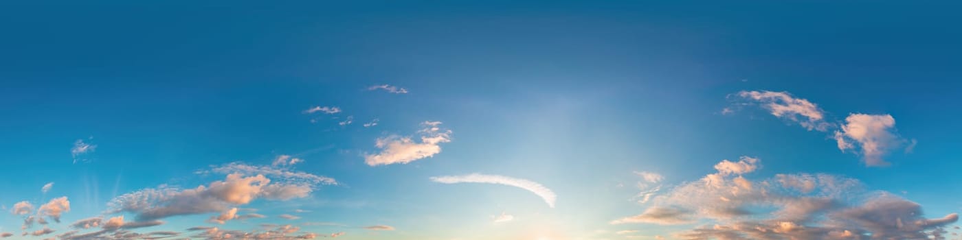 Dark blue sunset sky panorama with pink Cumulus clouds. Seamless hdr 360 pano in spherical equirectangular format. Full zenith for 3D visualization, game, sky replacement for aerial drone panoramas