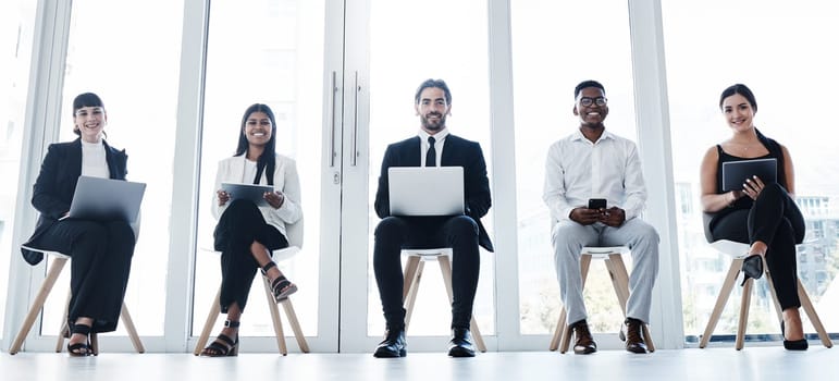 Line, group portrait and people in waiting room with technology and diversity at interview in office. Happy faces, hiring of men and women with business team online for recruitment or human resources.