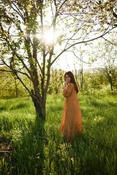 a beautiful, joyful woman stands in a long orange dress, in the countryside, near a tree blooming with white flowers, during sunset, illuminated from behind and looks into the camera. High quality photo