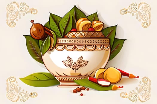 Happy ugadi greeting card background with kalash. Happy Ugadi holiday composition - Hindu New Year festival. Decorated Kalash with coconut, flowers, mango leaves and diya.