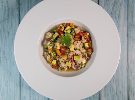 Cod Ceviche recipe, bread in oil and garlic. High quality photo