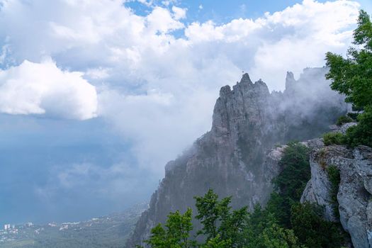 a rock in inclement weather in fog. High quality photo