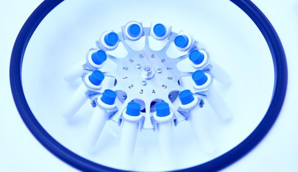 Blood test tubes in centrifuge. Plasma preparation in medical.