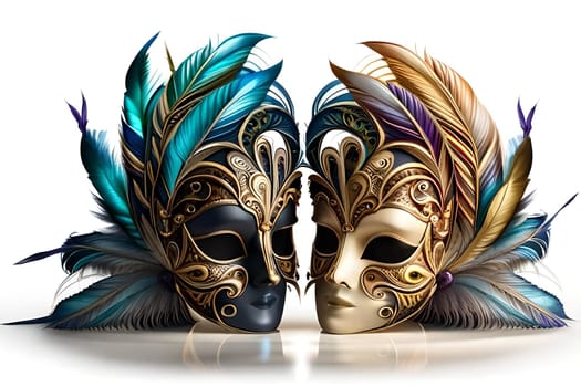 Realistic luxury carnival mask with colorful feathers. Abstract blurred background, gold dust, and light effects. Generative AI.