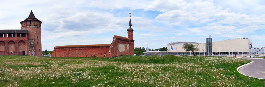 Kolomna, Russia - May 30, 2023: Panoramic view of the walls of the Kolomna Kremlin and the skating center