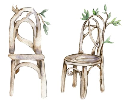 Wooden chairs for fairy. Watercolor hand drawn illustration . Perfect for greeting card, poster, wedding invitation, party decor.