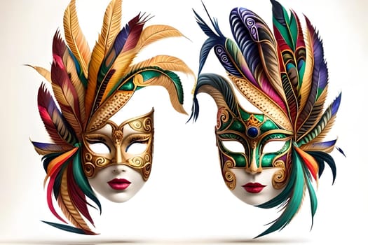 Realistic luxury carnival mask with colorful feathers. Abstract blurred background, gold dust, and light effects. Generative AI.