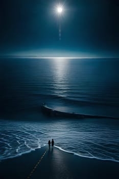 Moonlight in ocean landscape. The ocean stretches out as far as the eye can see, its surface a canvas of deep, midnight blue. AI generated image