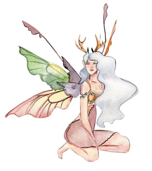 Forest fairy girl with magic wings. Watercolor hand drawn fairy tale illustration. Perfect for greeting card, poster, wedding invitation, party decor