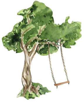 Green tree . Watercolor hand drawn illustration . Perfect for greeting card, poster, wedding invitation, party decor.