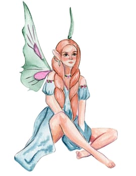 Forest fairy girl with magic wings. Watercolor hand drawn fairy tale illustration. Perfect for greeting card, poster, wedding invitation, party decor