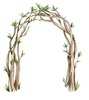Woven branch arch for fairy. Watercolor hand drawn illustration . Perfect for greeting card, poster, wedding invitation, party decor.