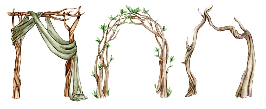 Woven branch arches for fairy. Watercolor hand drawn illustration . Perfect for greeting card, poster, wedding invitation, party decor.