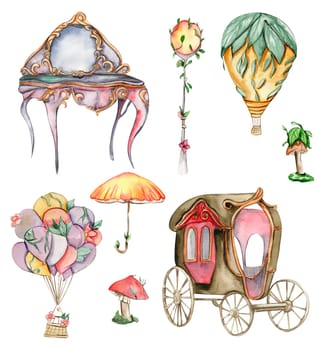 Magic coach,dresser, umbrella, baloon an uotside lamp for fairy. Watercolor hand drawn illustration . Perfect for greeting card, poster, wedding invitation, party decor.