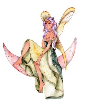 Forest fairy girl with magic wings. Watercolor hand drawn fairy tale illustration. Perfect for greeting card, poster, wedding invitation, party decor