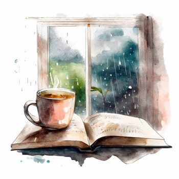 watercolor painting cup of coffee and book at the window, open book next to a cup of tea in front of a rainy window. download photo